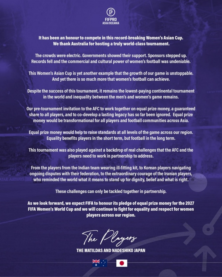 B体育首页-澳大利亚女足和日本女足共同发表声明,要求提高女足赛事奖金